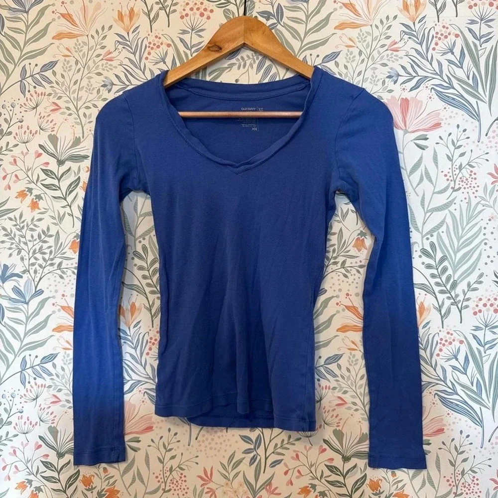 Old Navy Blue Long Sleeve V-Neck Top Fitted